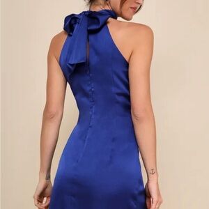 Lulu's Cobalt Blue Satin Halter Backless Dress with Tie